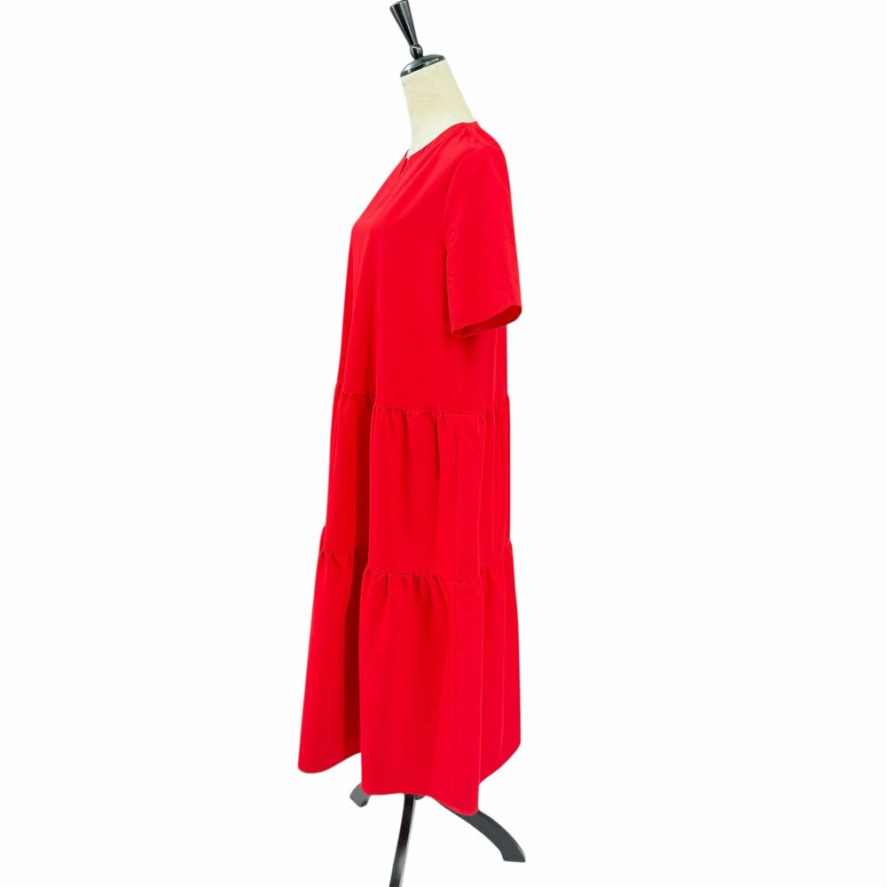 Misook NWT Solid Bold Red Tiered Split V-Neck Short Sleeve Maxi Shift Dress - Picture 3 of 11